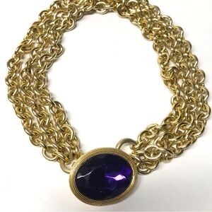 Trifari Gold-Tone Multi-Strand Necklace with Deep Purple Oval Stone